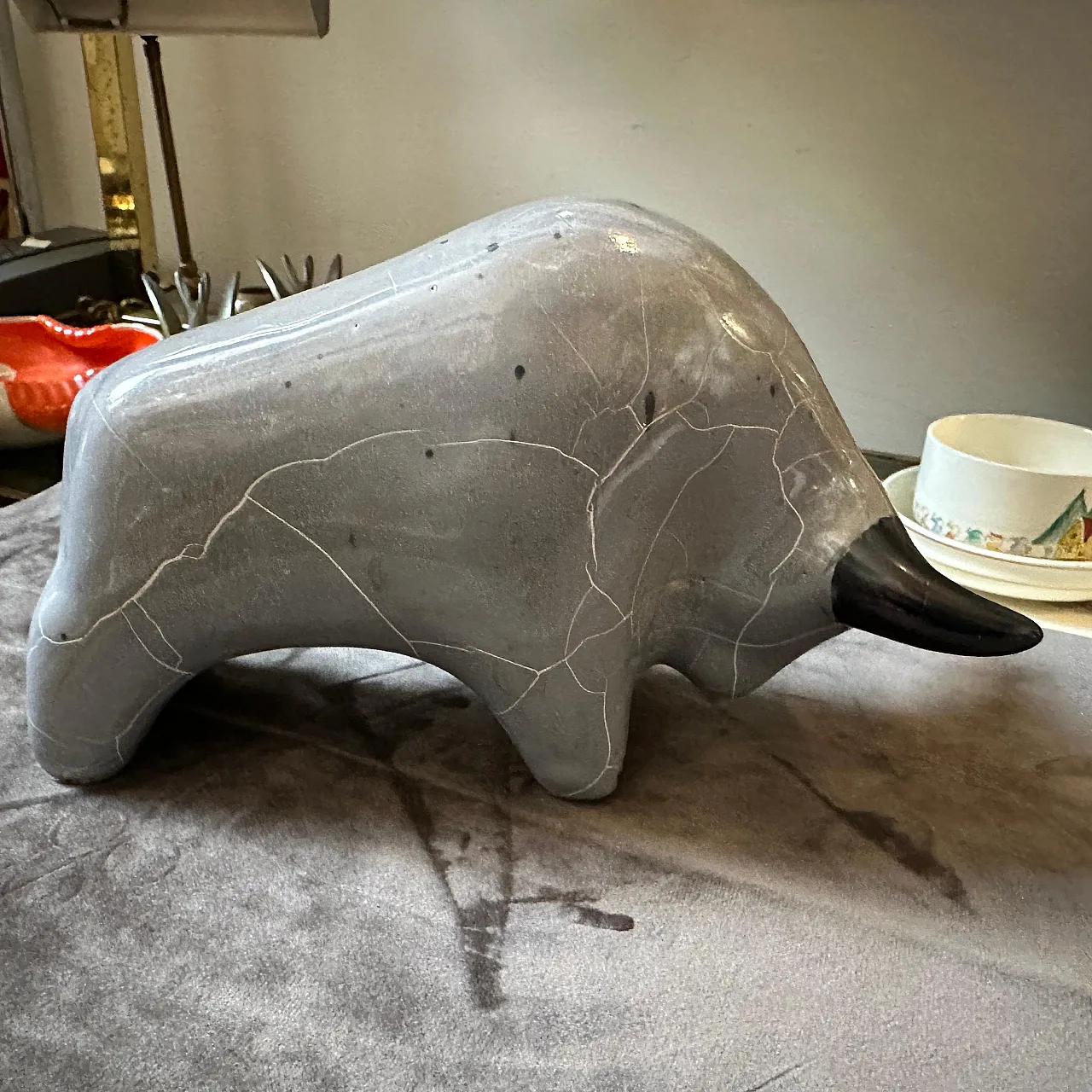 Modernist bull in grey and black lava ceramic, 1980s 7