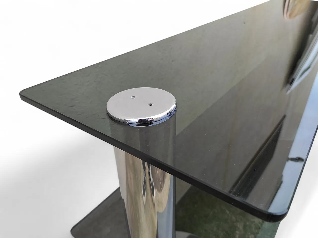 Consolle in vetro fumè, acciaio e placcatura in cromo, anni '70 5