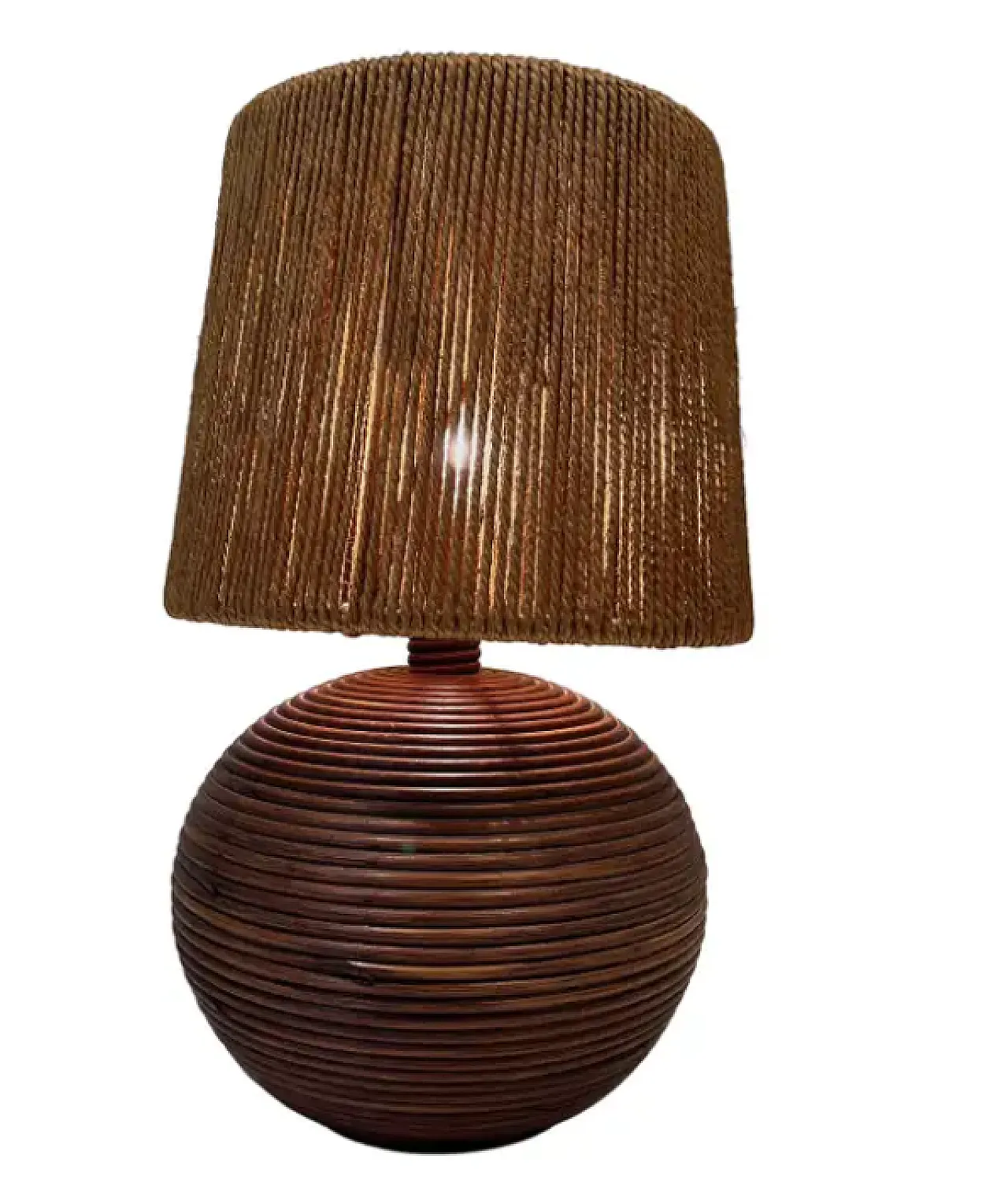 Lampada rotonda in rattan con paralume in corda, anni '70 1