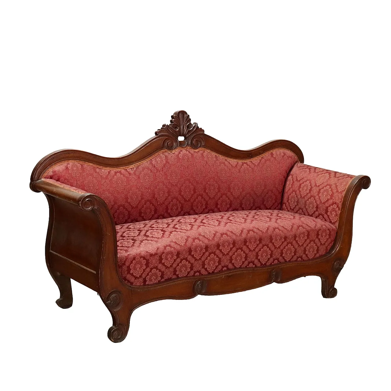 Louis Philippe boat-shaped sofa in beech & damask fabric, 19th century 1