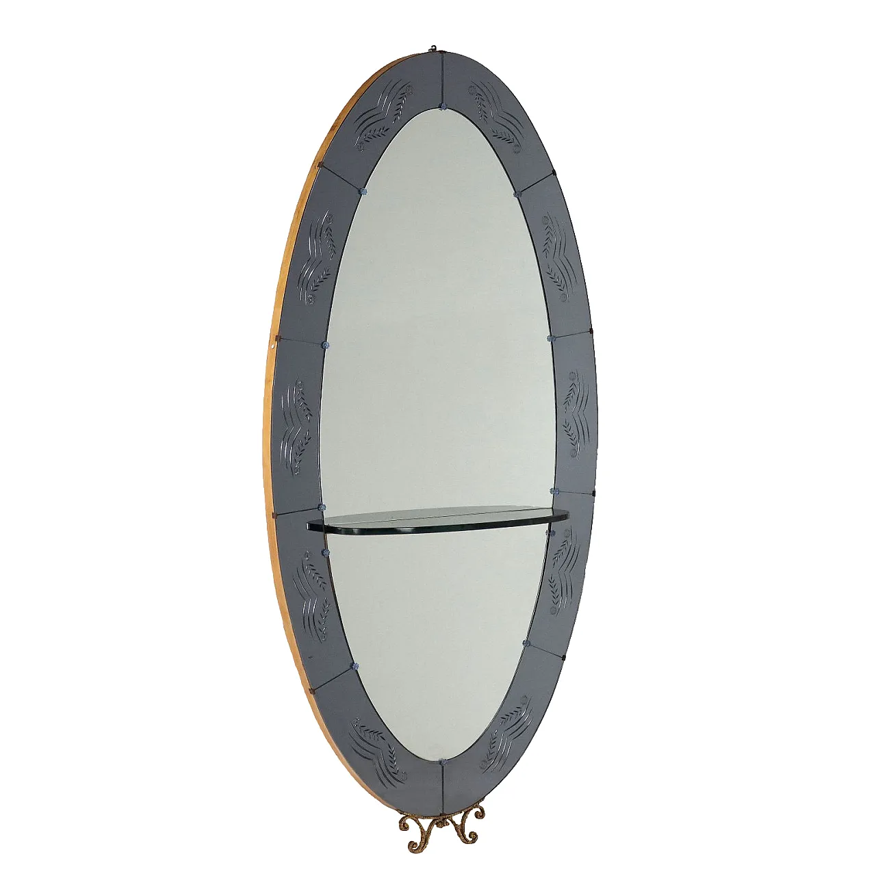 Oval mirror with consolle and floral decoration on the frame, 1950s 1