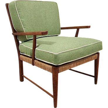 Armchair in chestnut wood and straw, 1950s