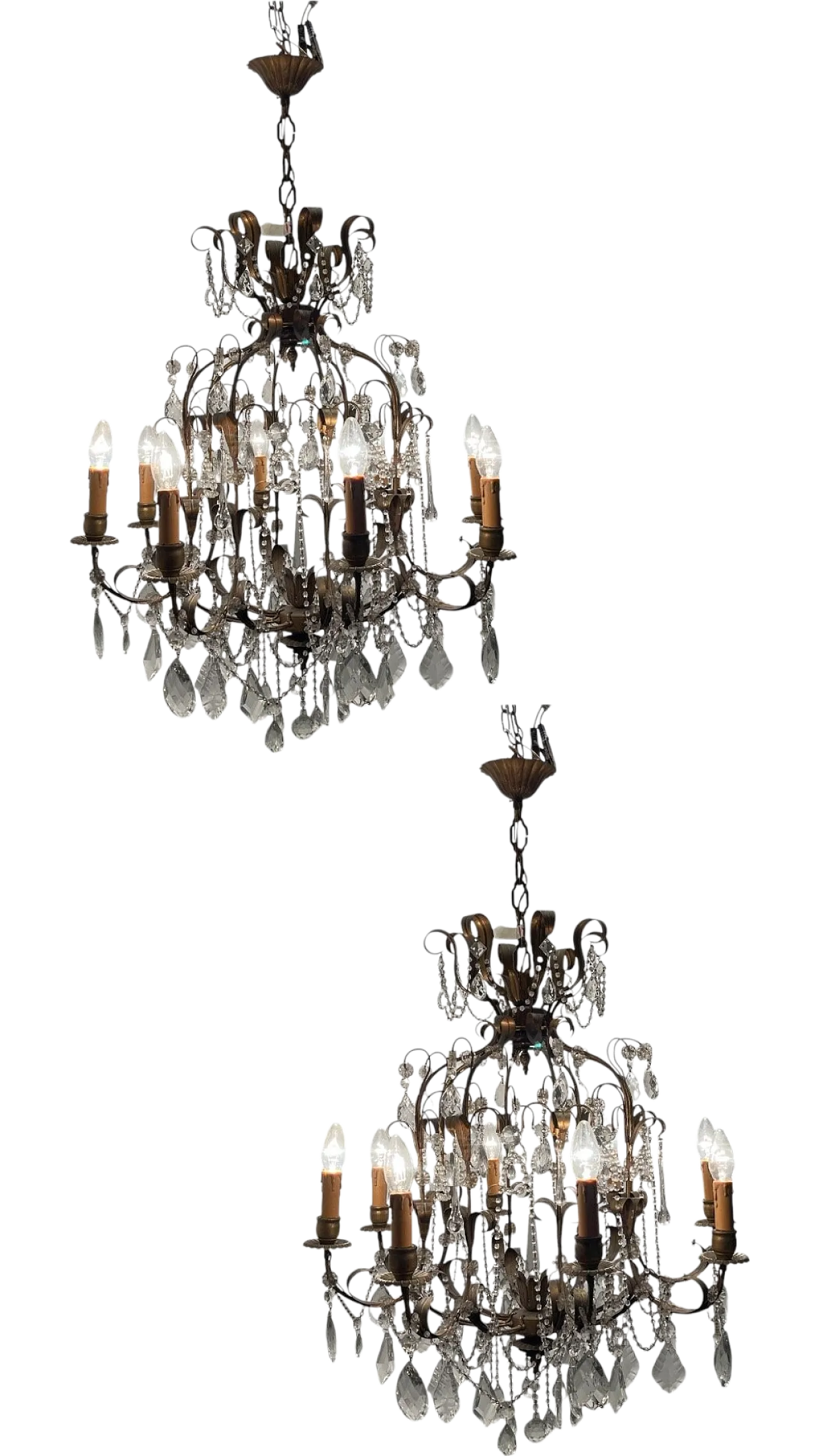Pair of florentine Macaroni Murano glass tole chandeliers, 1960s 18