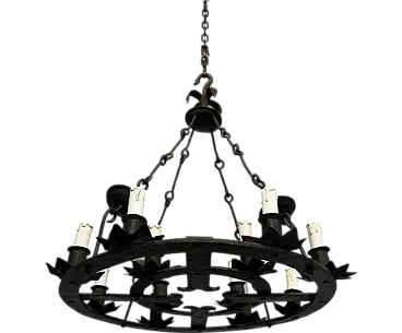 Lampadario in ferro battuto a 12 luci in stile gotico, anni '50
