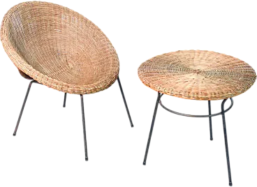 Sedia e tavolino da caffè in vimini, anni '60