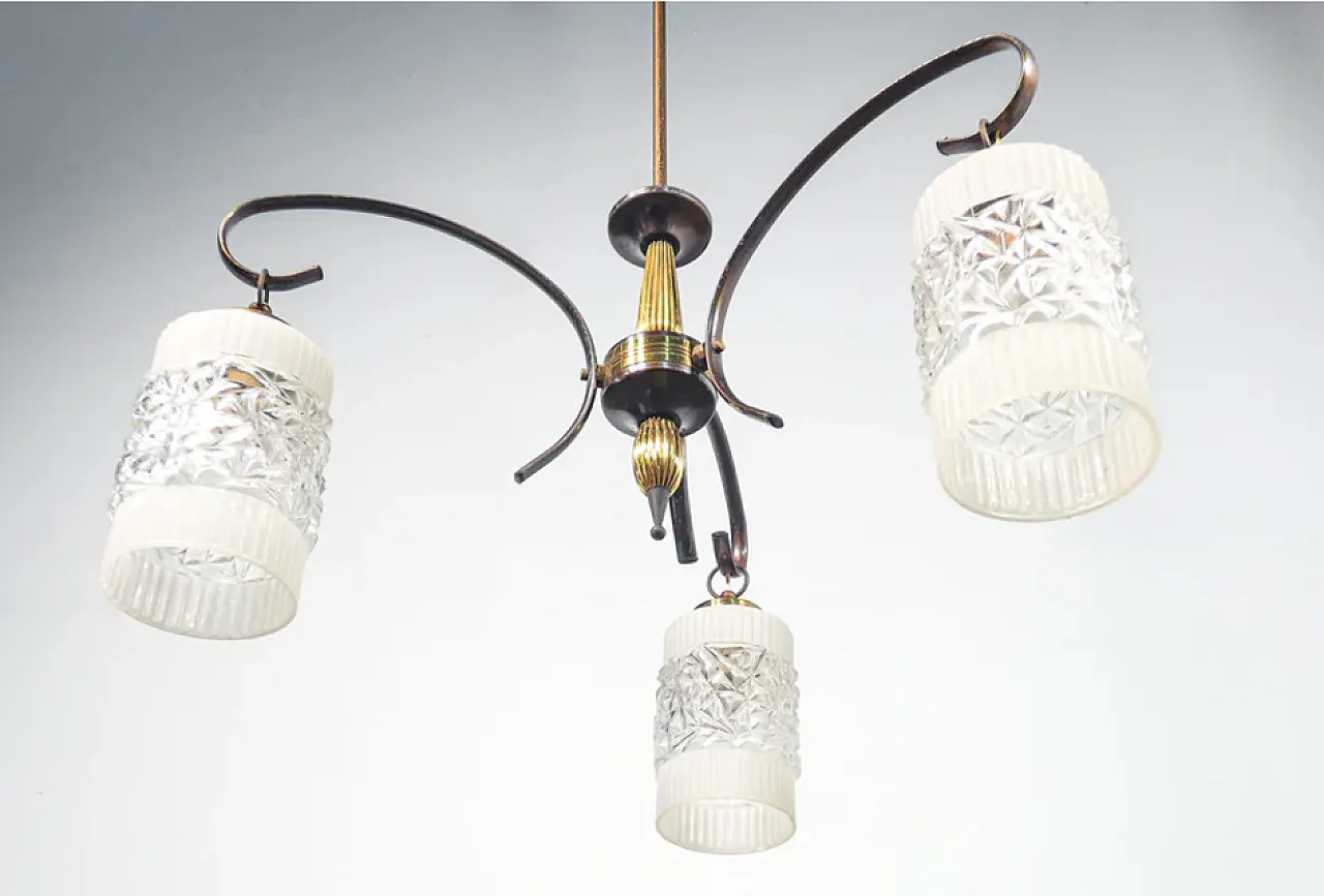 Lampadario a tre bracci in ottone e vetro, anni '40 3