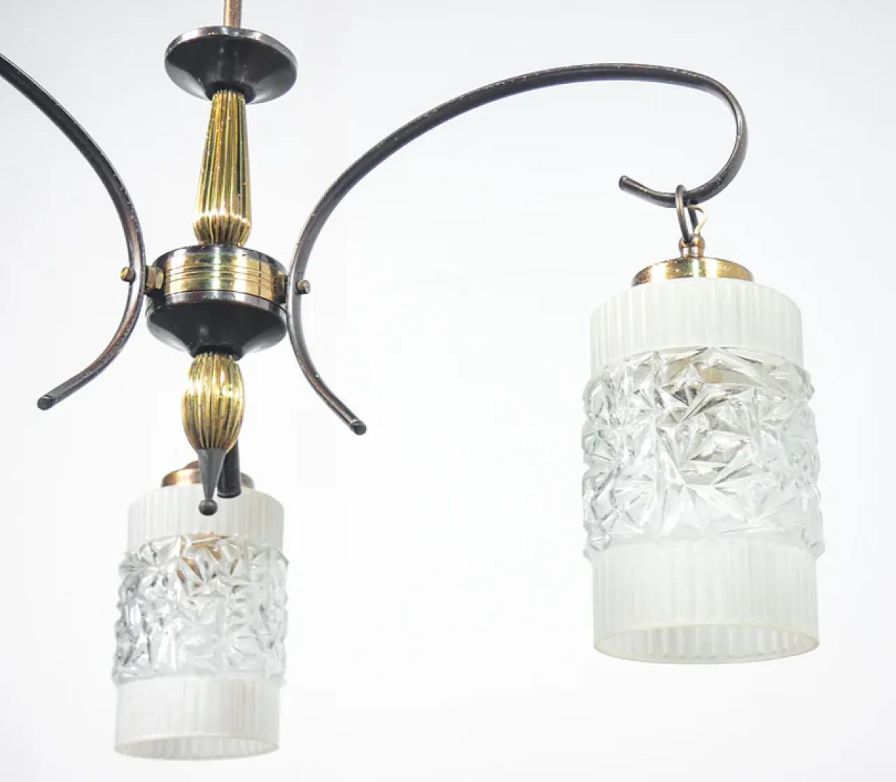 Lampadario a tre bracci in ottone e vetro, anni '40 4