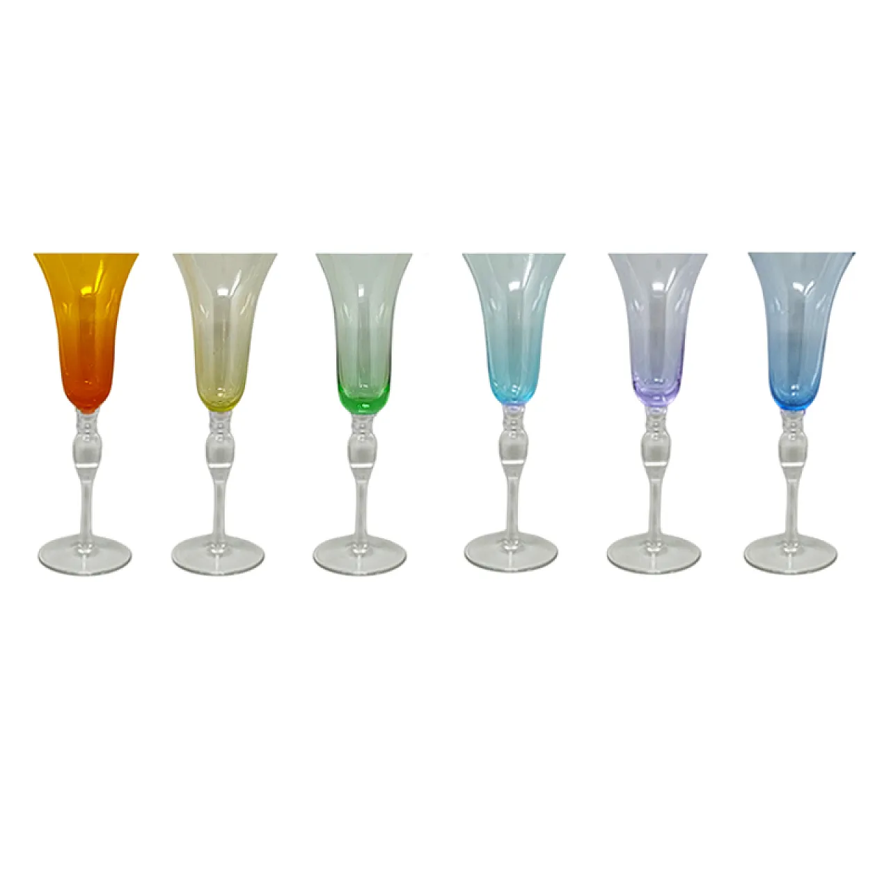 6 colored Murano glasses, 1960s 1