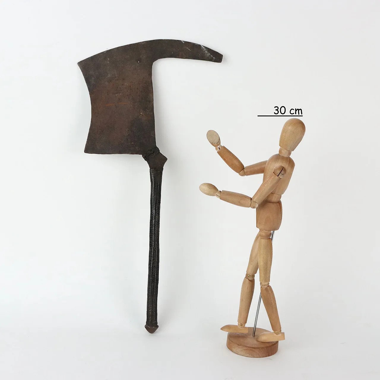 Manzhi iron and leather ceremonial dance axe, 20th century 2