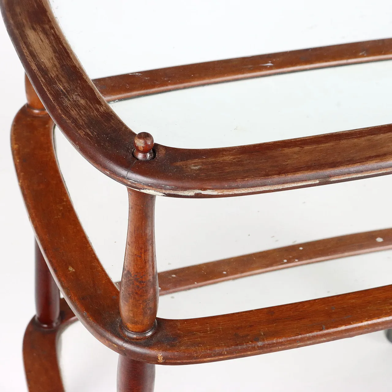 Carrello bar a tre ripiani in faggio tinto e vetro, anni '50 3