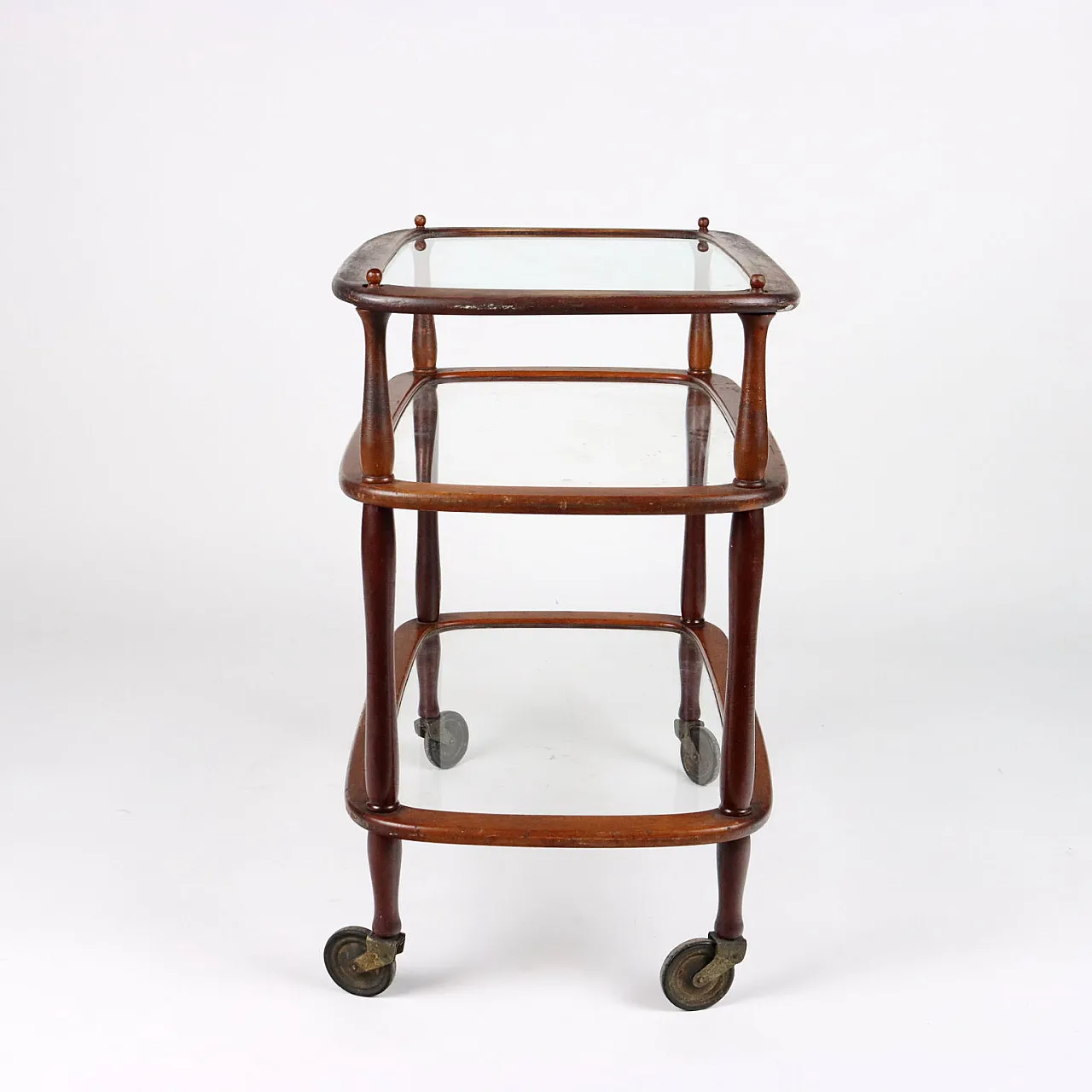 Carrello bar a tre ripiani in faggio tinto e vetro, anni '50 8