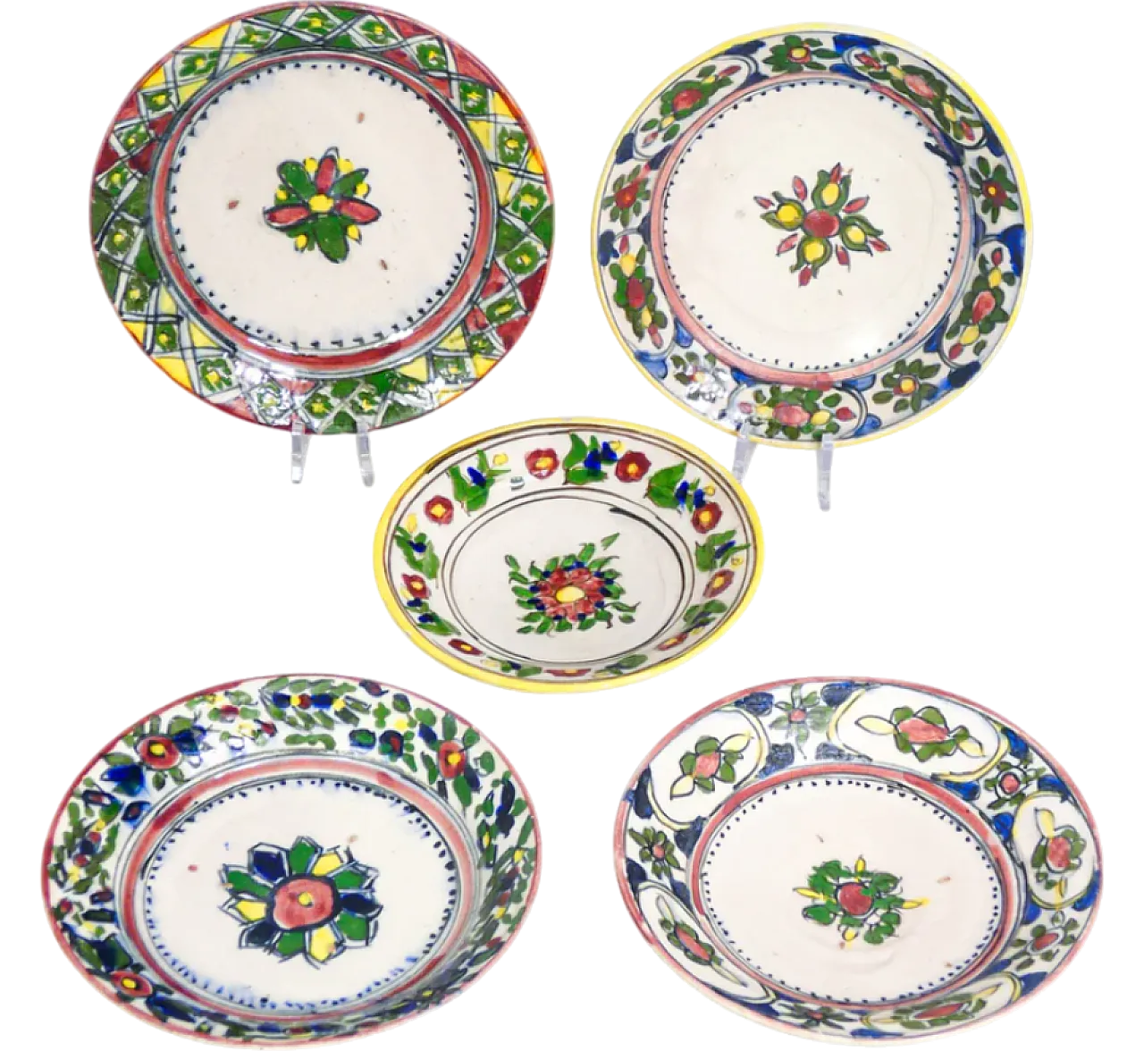 5 Piatti in maiolica dipinta a mano e smaltata, '800 12
