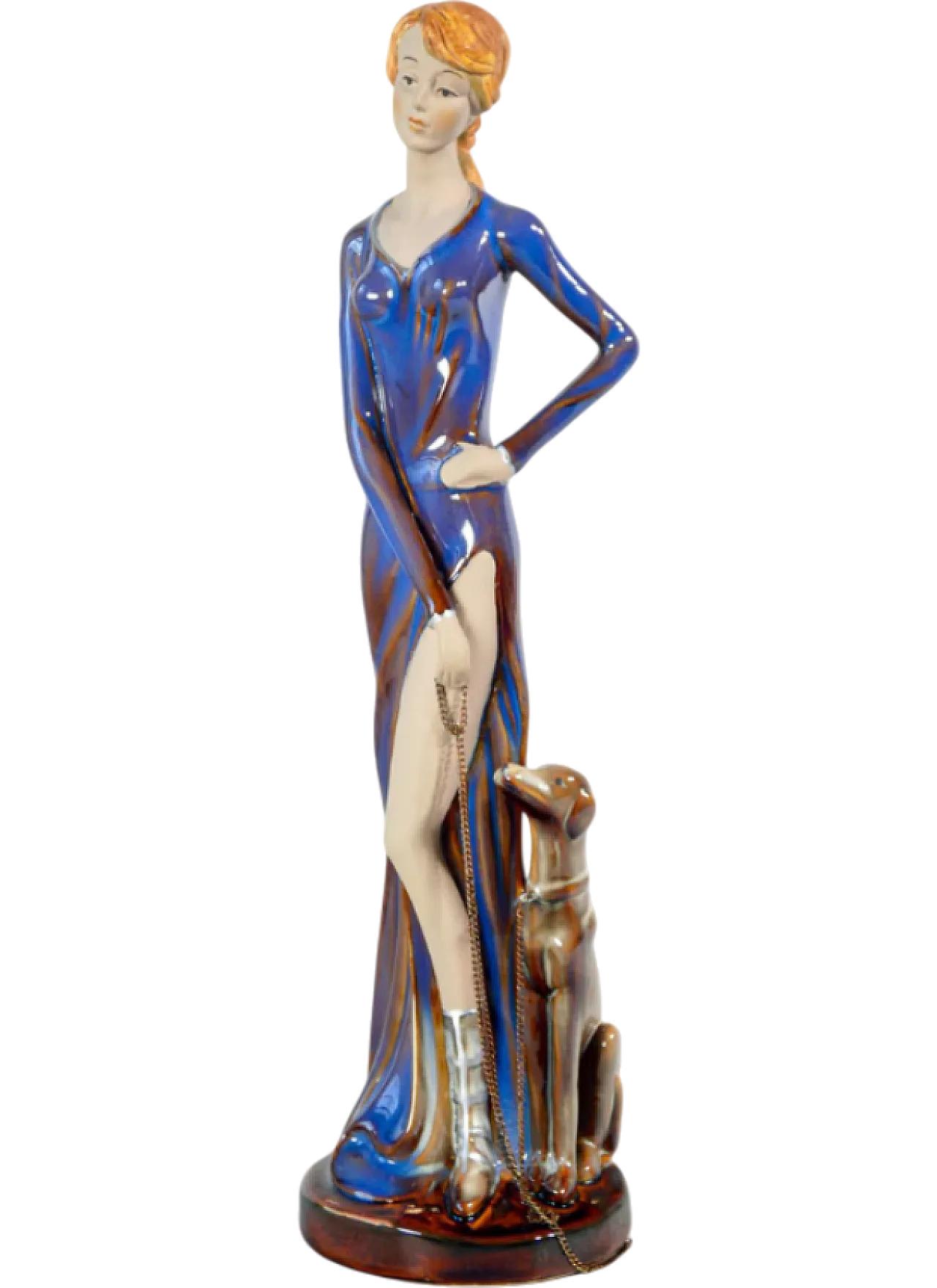 Donna con cane al guinzaglio in ceramica smaltata, metà '900 10