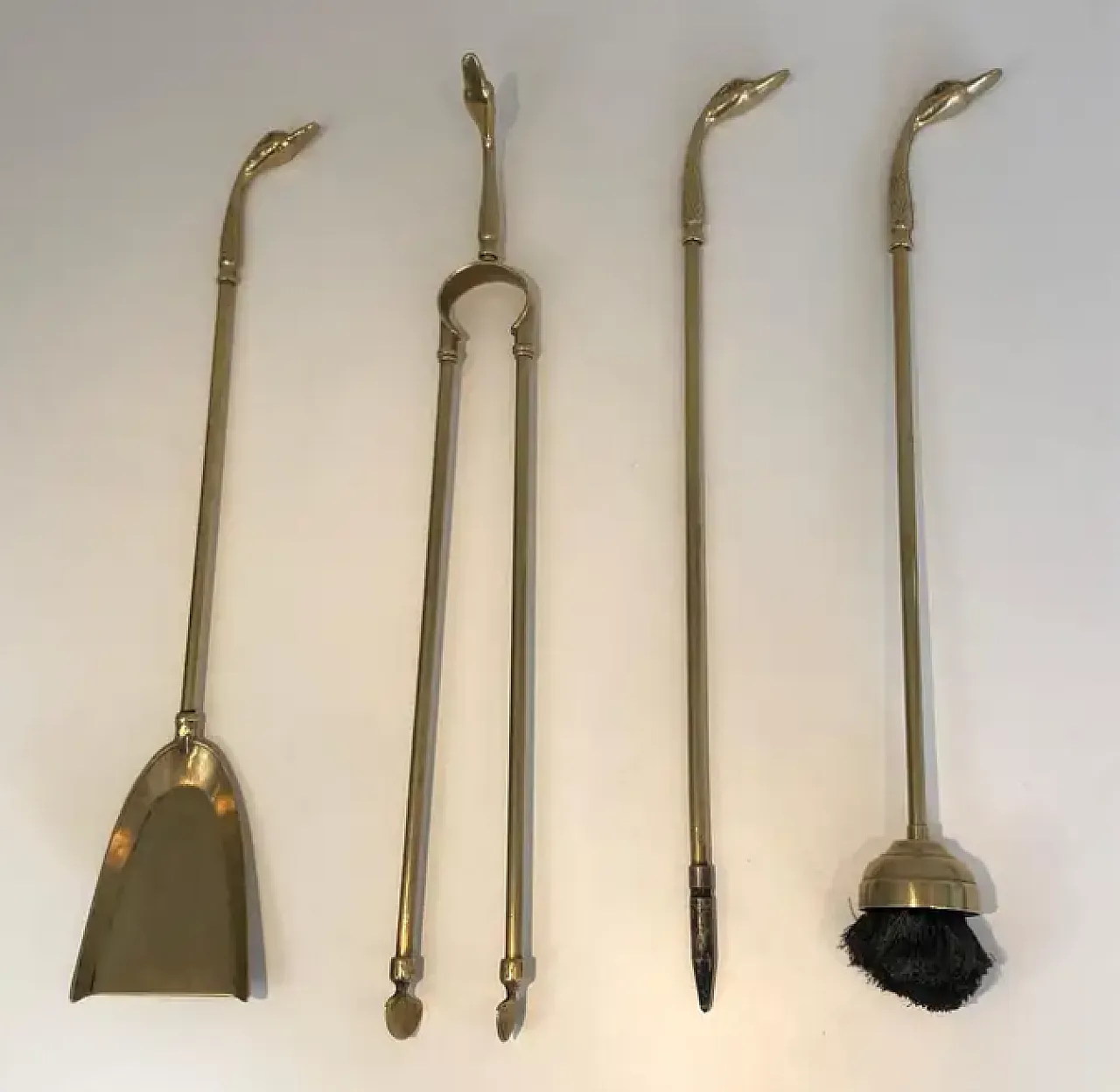 Attrezzi da camino in ottone con teste di anatra, anni '60 7