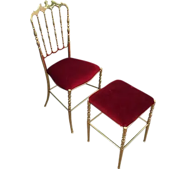 Sedia e sgabello Chiavari in ottone e velluto, anni '40