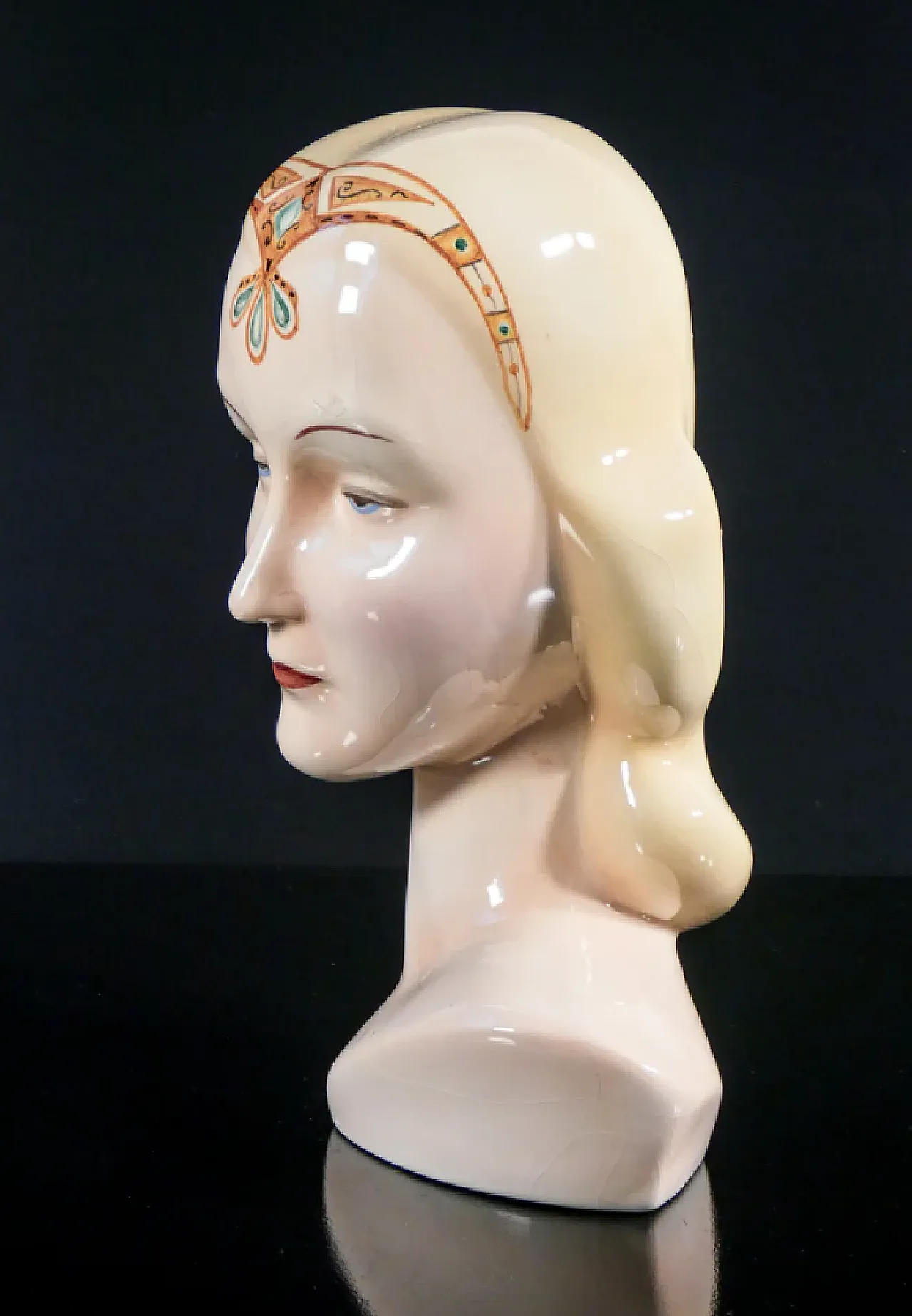 Donna con diadema, acultura in ceramica dipinta a mano, anni '40 5