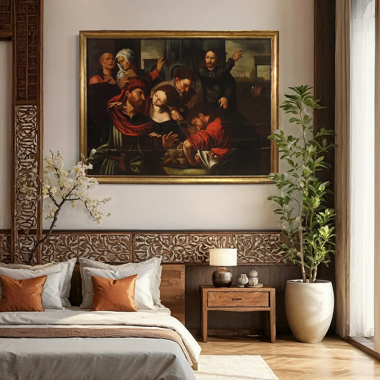 Vocazione di S. Matteo, dipinto fiammingo su tavola, '600 13