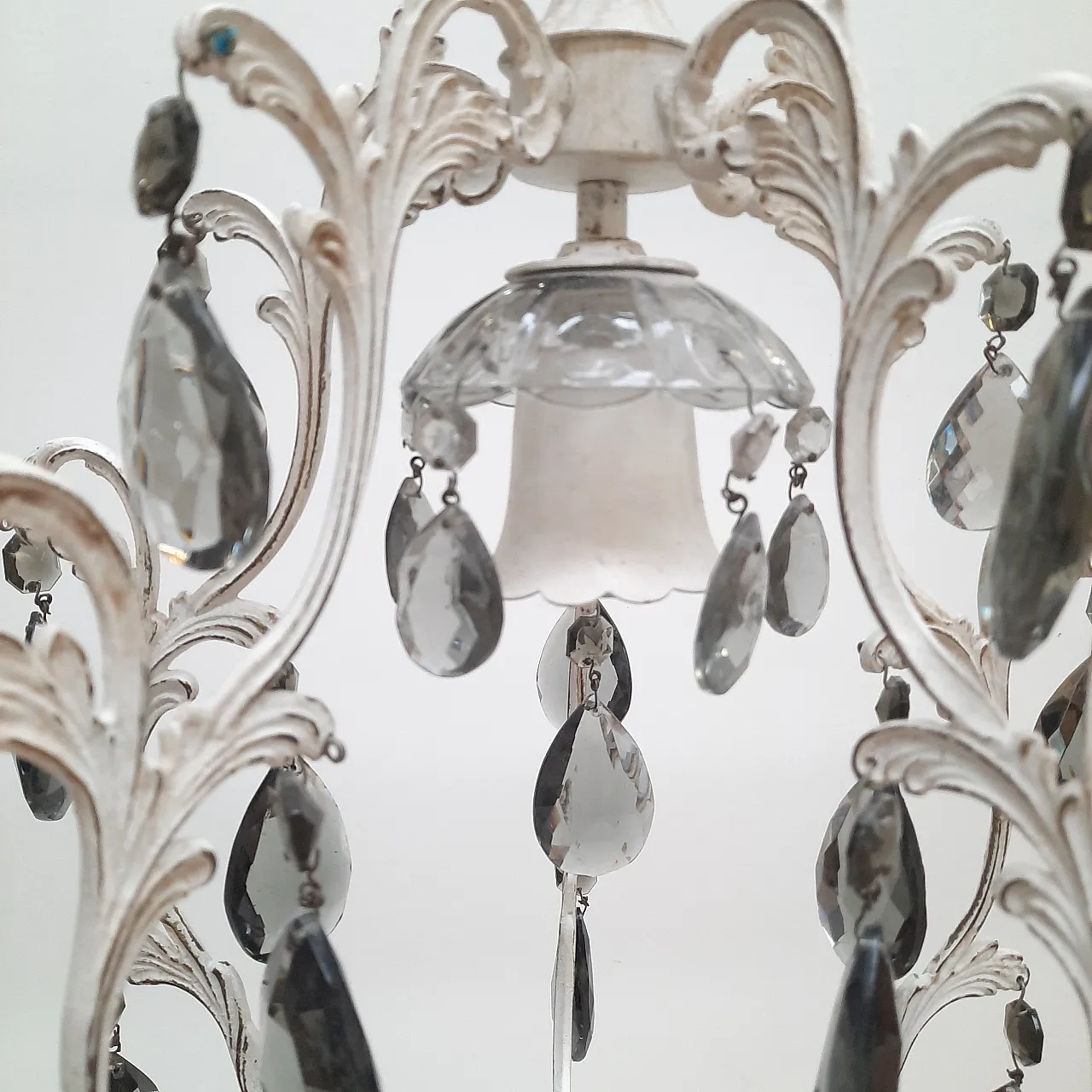 Chandelier in white painted brass with black crystals, 60s 9