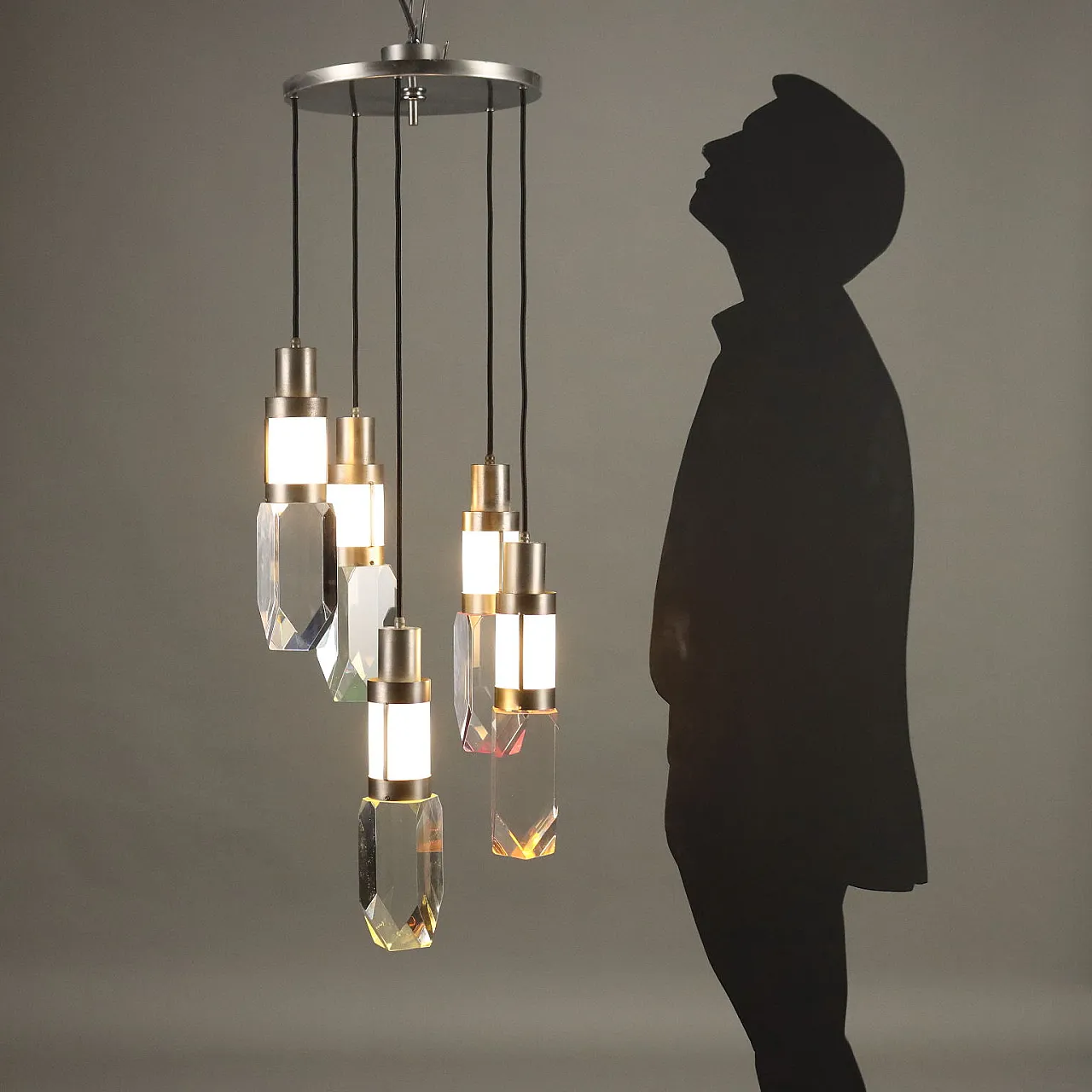 Lampadario a 5 luci in alluminio, metacrilato e plexiglass, anni '70 2
