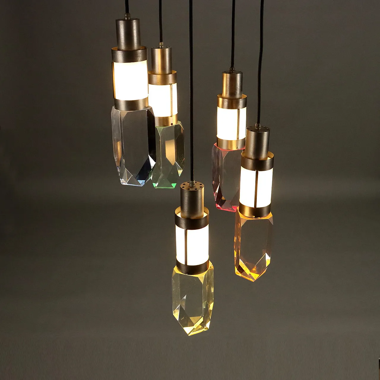 Lampadario a 5 luci in alluminio, metacrilato e plexiglass, anni '70 3