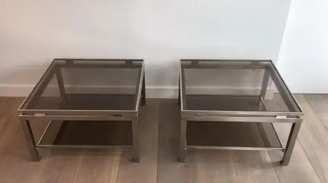 Pair of steel and smoked glass coffee tables by Guy Lefèvre, 1970s 2