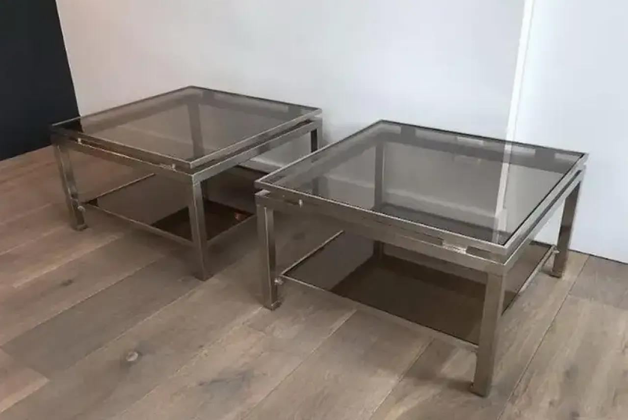 Pair of steel and smoked glass coffee tables by Guy Lefèvre, 1970s 3