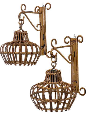 Pair of 70s wall sconces in rush and bamboo