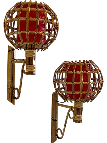 Pair of 1970s rattan and bamboo wall sconces