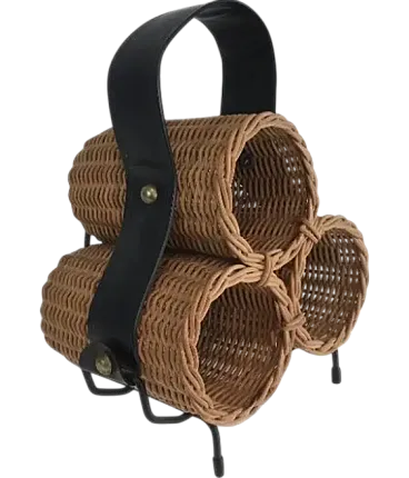 Portabottiglie in rattan, metallo laccato nero ed ecopelle, anni '70