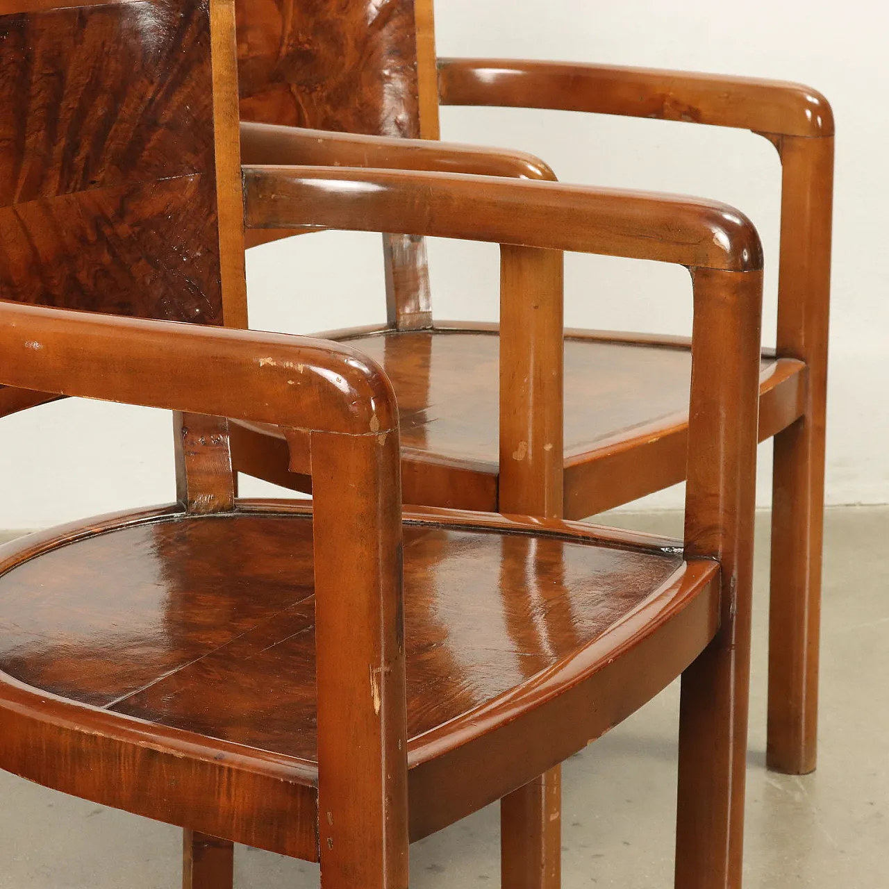 4 Armchairs in stained beech and briar-root veneer, 1940s 6