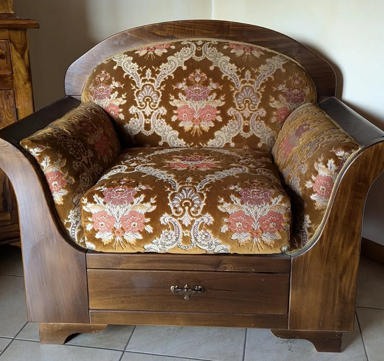 Pair of armchairs in damask fabric, 80s 3