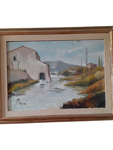 Dipinto di paesaggio di Renai olio du tela, anni '70