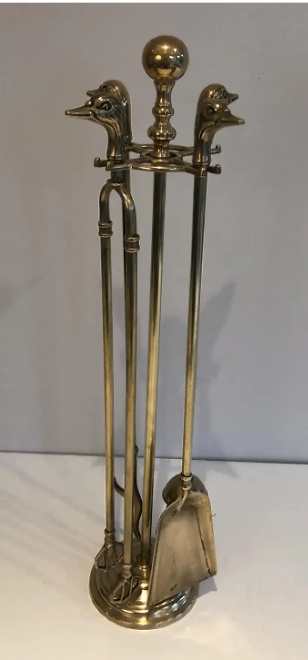 Brass fireplace tools with duck heads, 1970s 2