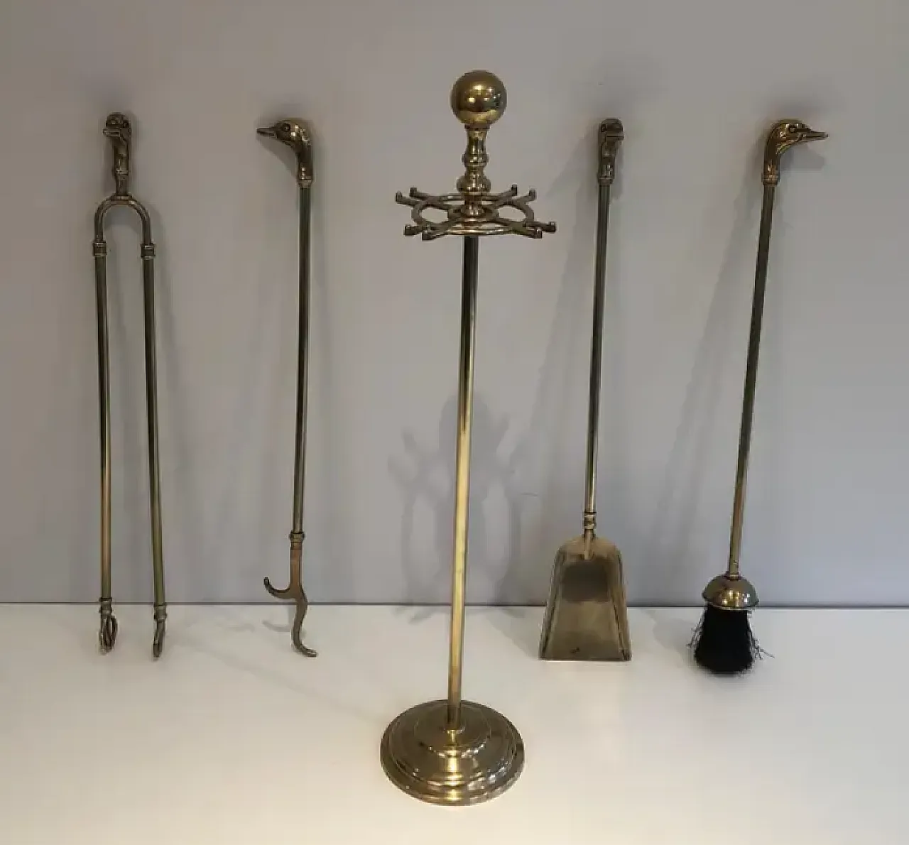 Brass fireplace tools with duck heads, 1970s 5