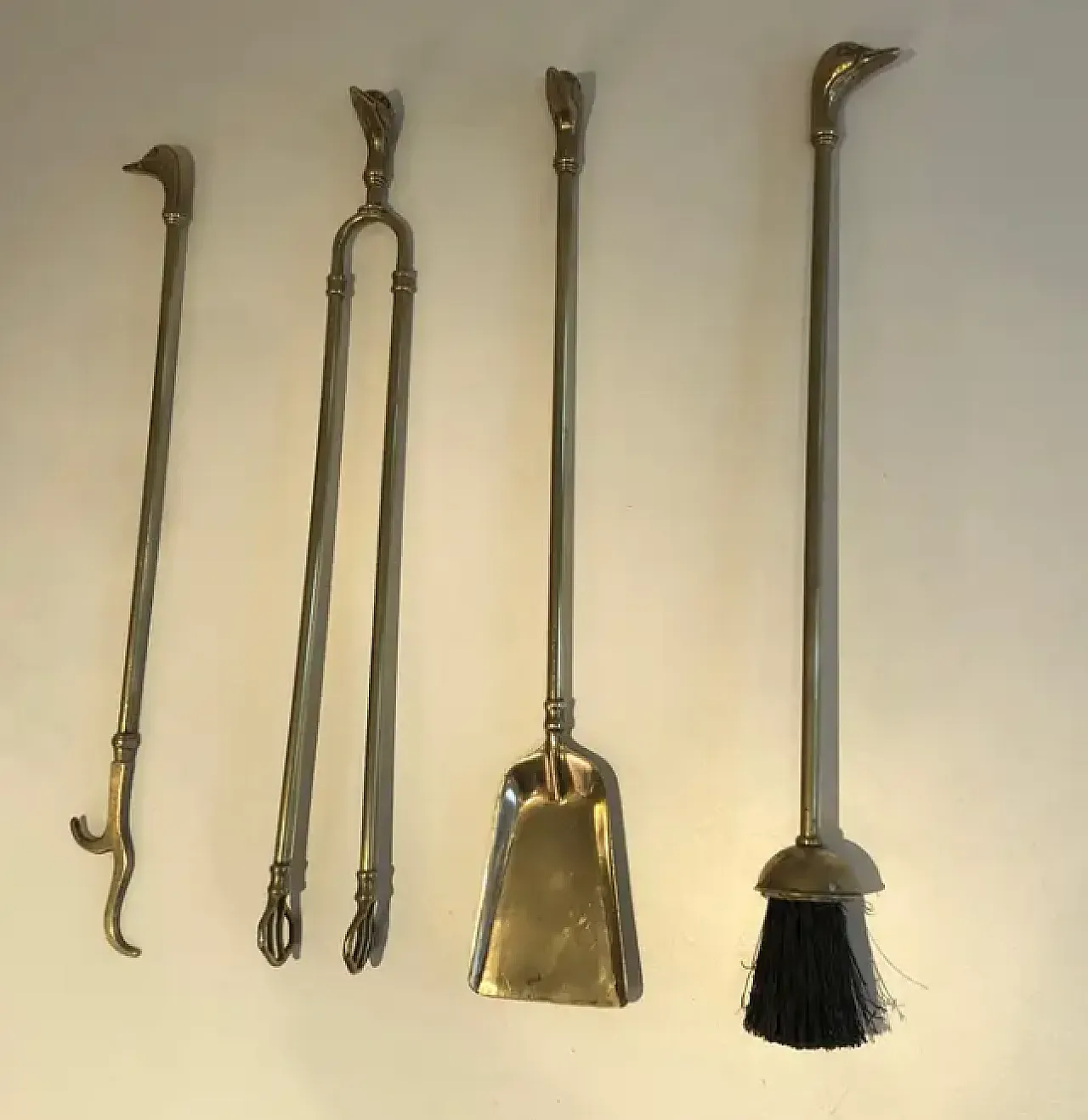 Brass fireplace tools with duck heads, 1970s 6