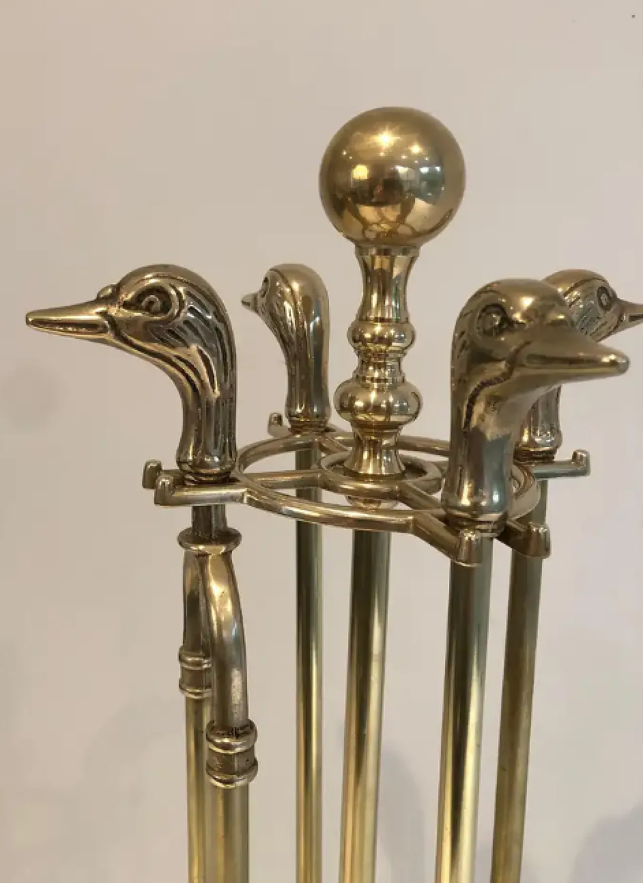 Brass fireplace tools with duck heads, 1970s 14