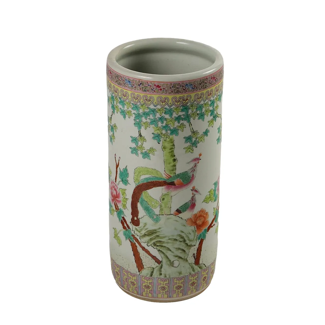 Vaso cilindrico in porcellana con fenici e motivi floreali, anni '70 1