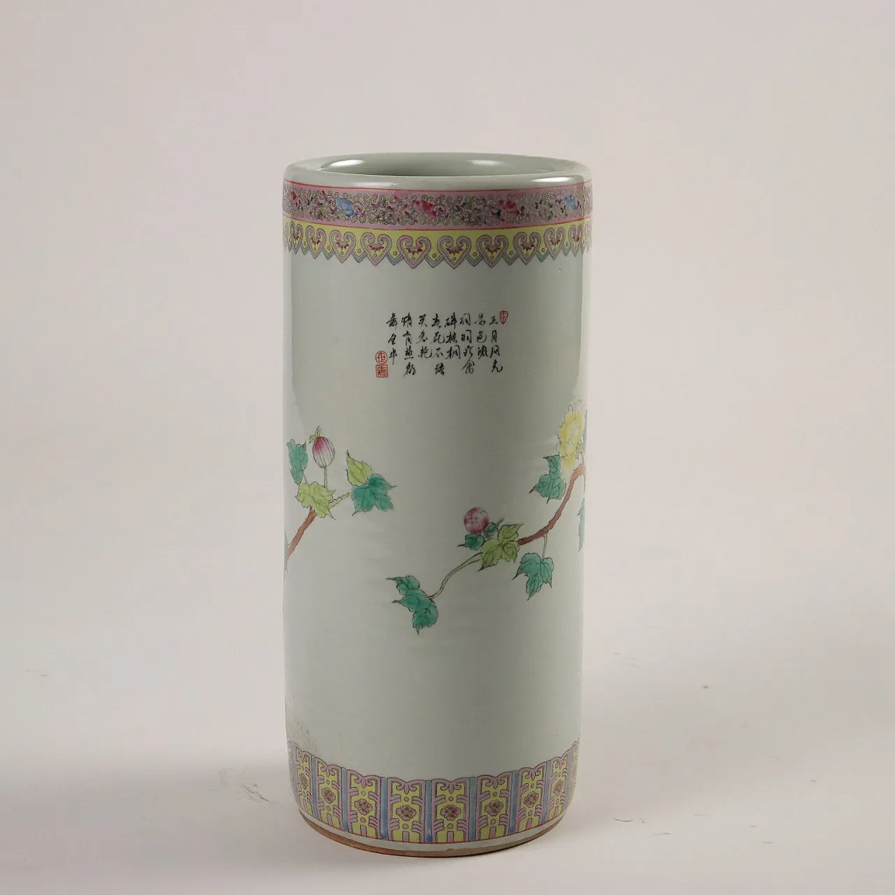 Vaso cilindrico in porcellana con fenici e motivi floreali, anni '70 6