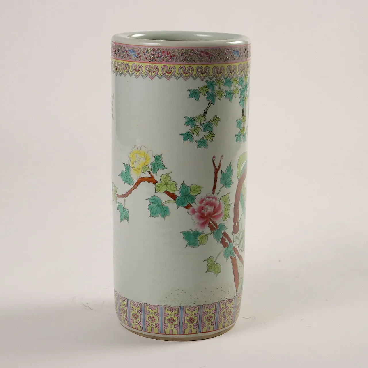 Vaso cilindrico in porcellana con fenici e motivi floreali, anni '70 8