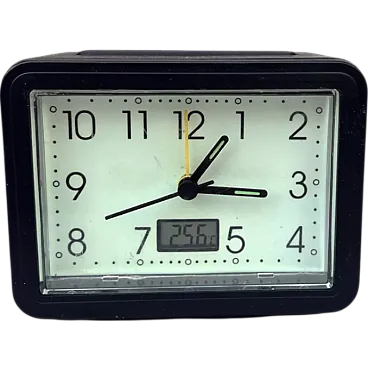 Black electric alarm clock with thermometer, 1980s