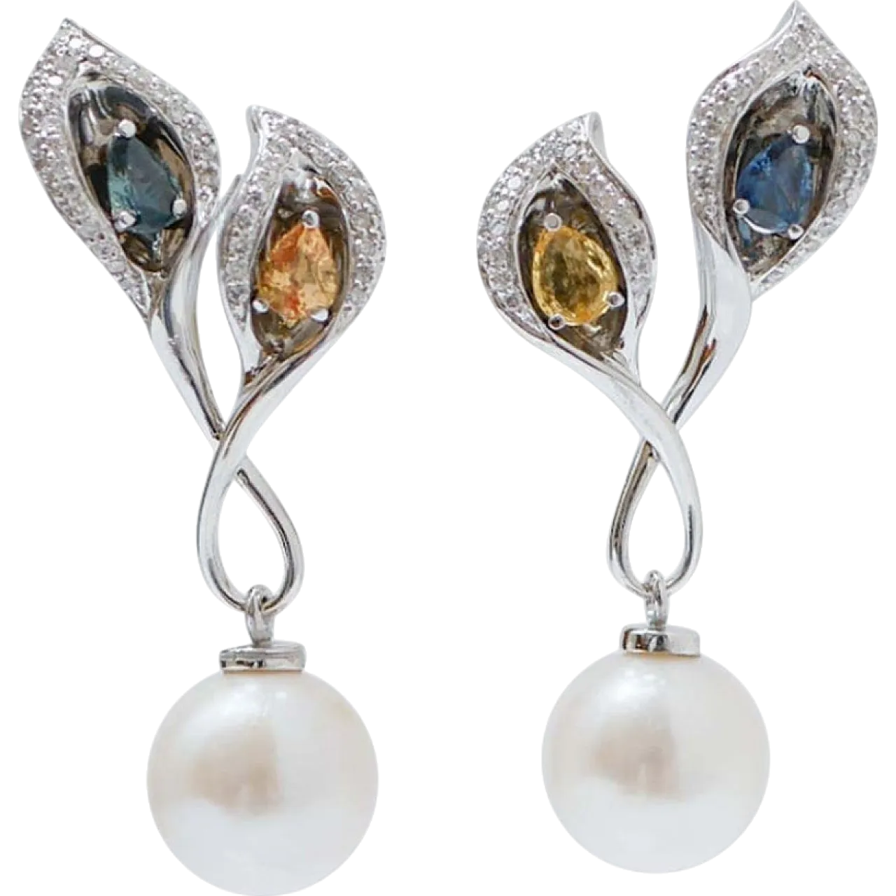 White gold earrings with pearls, diamonds and sapphires, 2000s 7