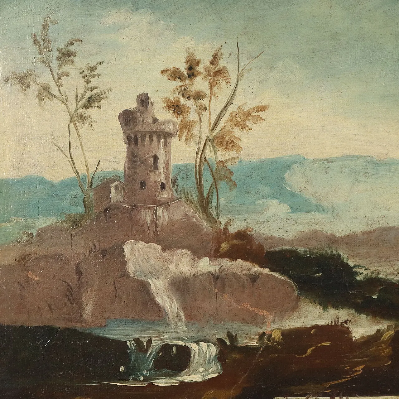 Paesaggio con rovine architettoniche, dipinto a olio su tela, '700 3