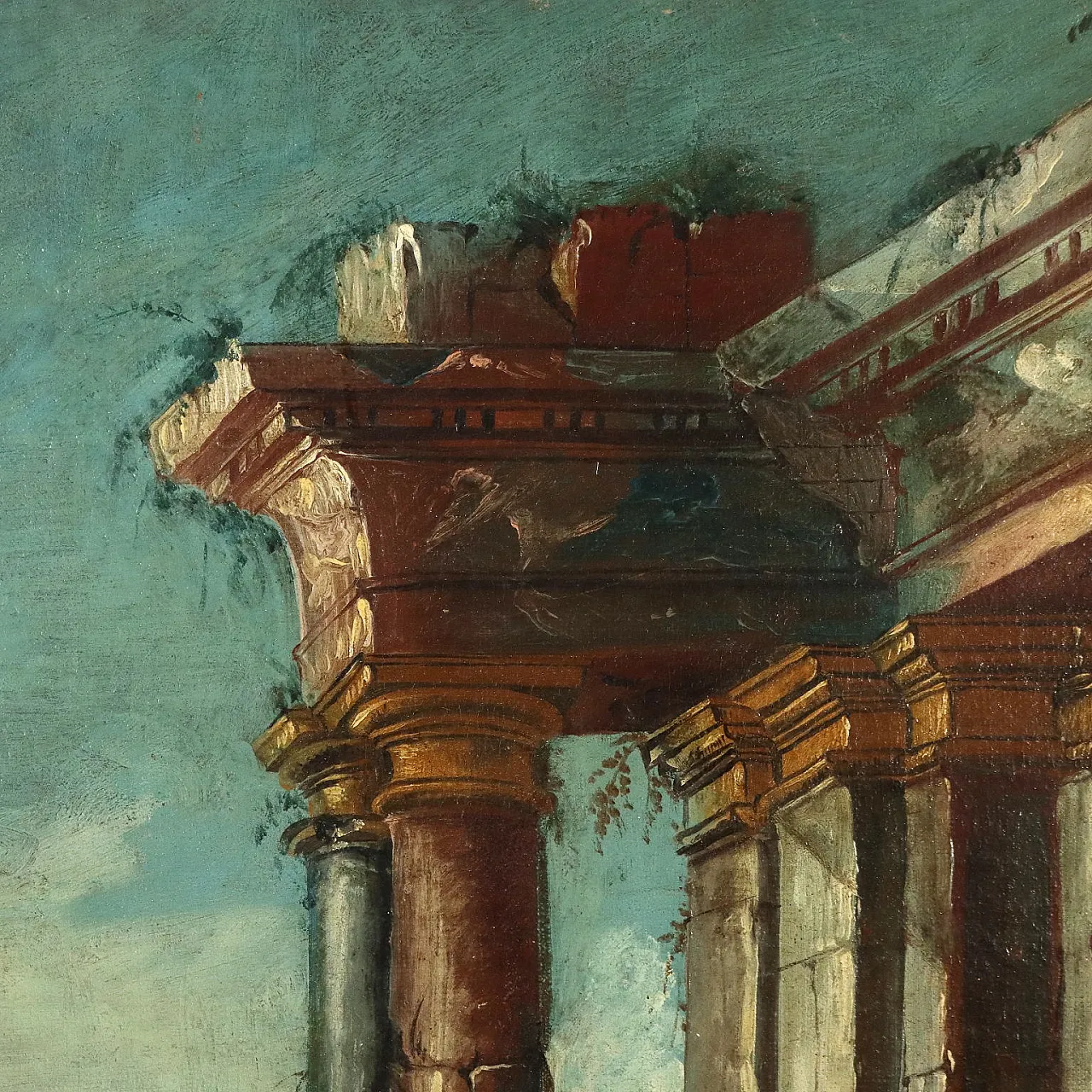 Paesaggio con rovine architettoniche, dipinto a olio su tela, '700 4