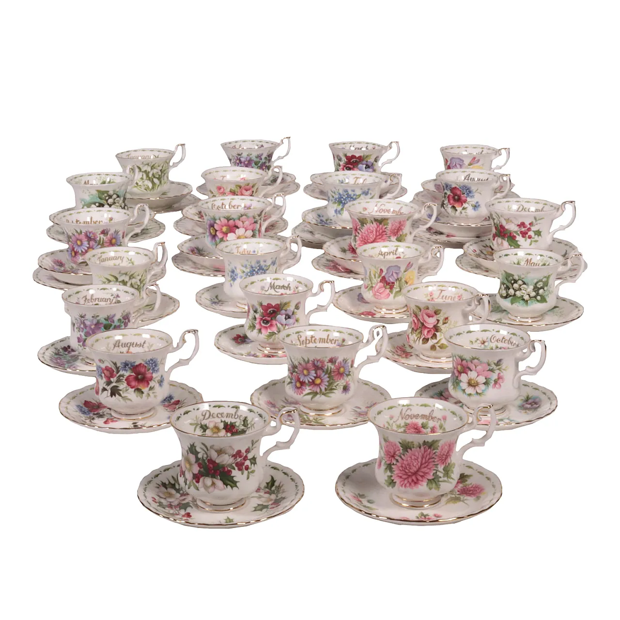 Set di 12 tazze da the con piattino in porcellana Royal Albert, del '900 1