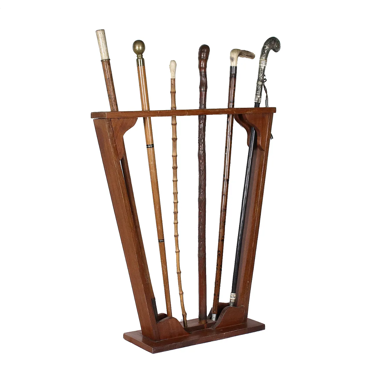 Walking stick holder with 6 wooden, bone and metal walking sticks 1