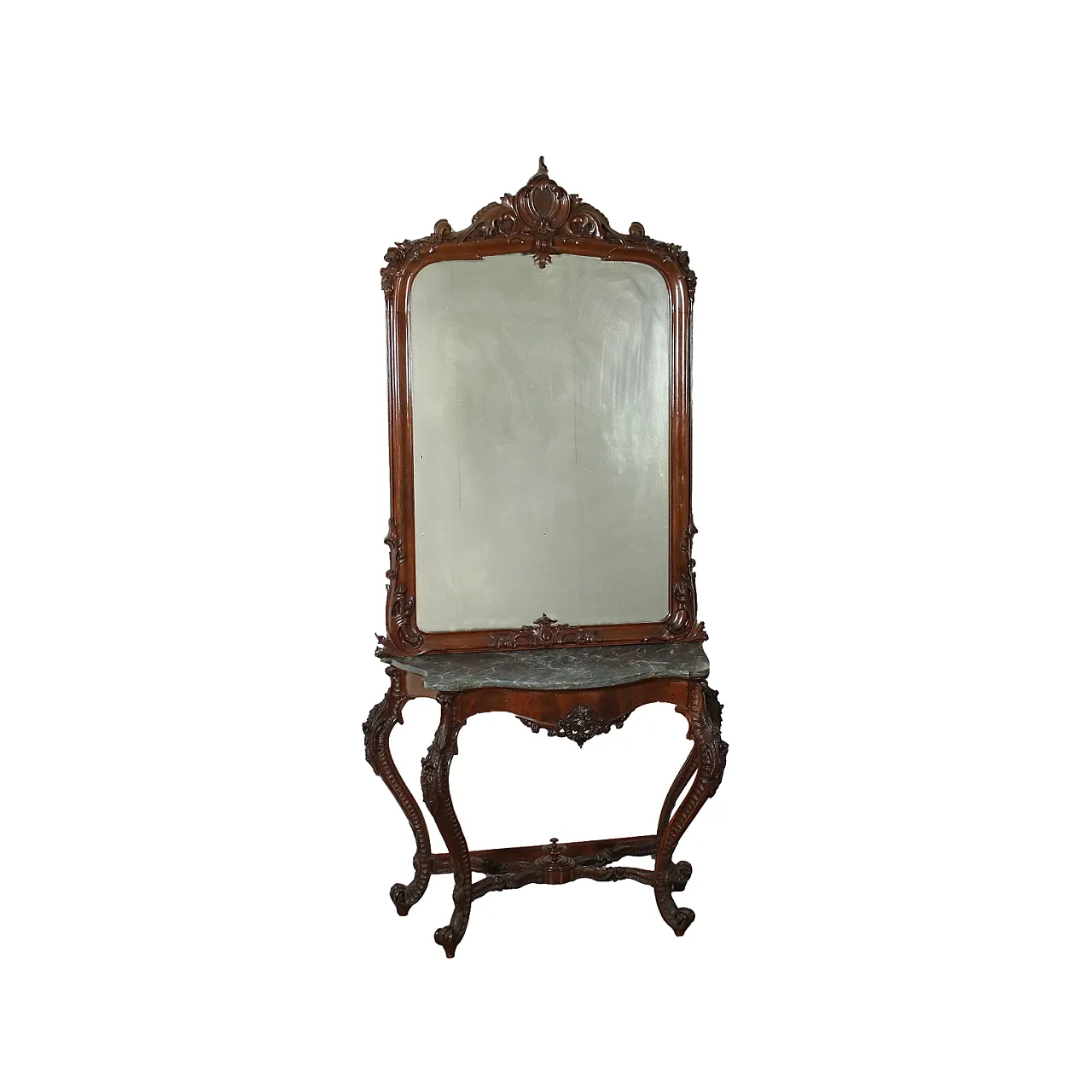 Umbertino style console table with mirror and marble top, 19th century 1