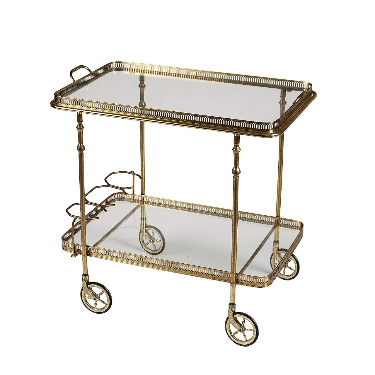 Double-shelf glass and brass serving cart with bottle holder, 1950s 1