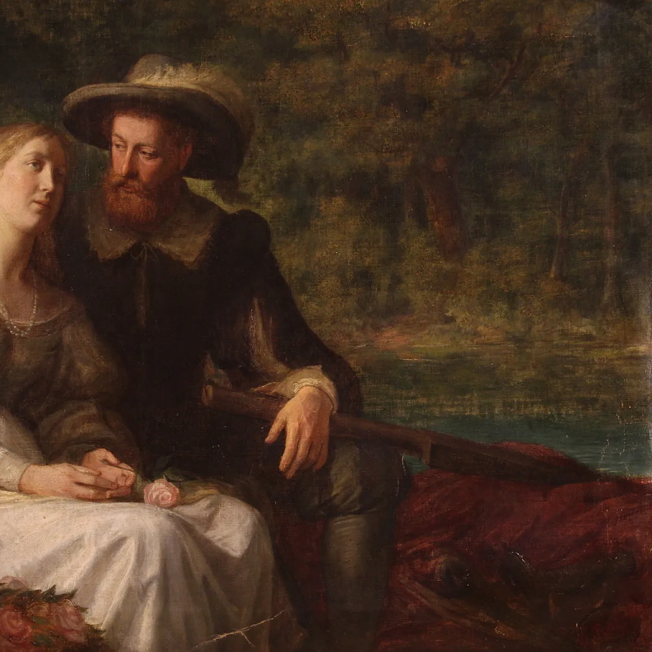 Emil Reynier, Romantic scene, painting signed and dated, 1888 5