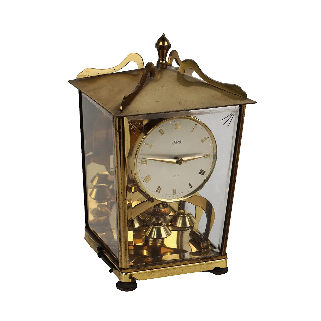 Brass and glass Schatz table clock, 1950s 1