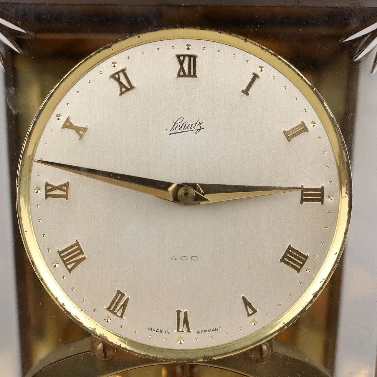 Brass and glass Schatz table clock, 1950s 3